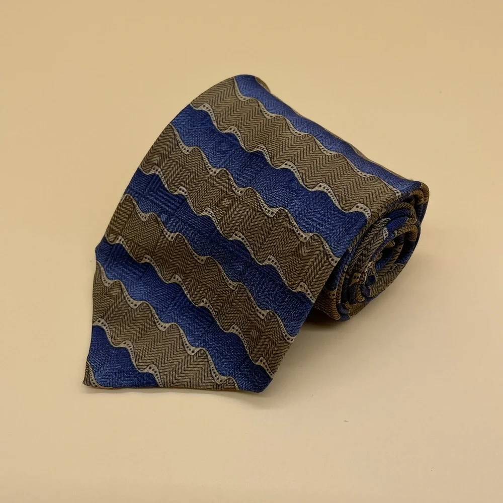 Vtg‎ BRANDINI MEN'S TIE Gold And  Blue  100% SILK Made In USA